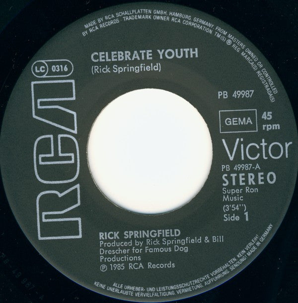 Rick Springfield : Celebrate Youth (7", Single)