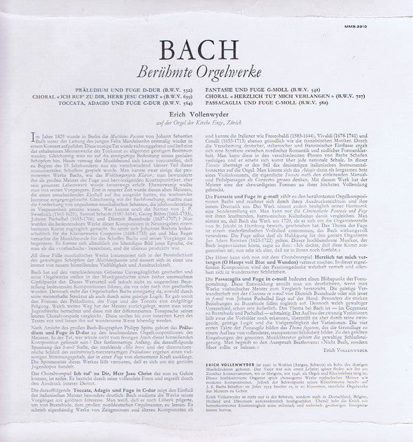 Johann Sebastian Bach, Erich Vollenwyder : Berühmte Orgelwerke (LP, Mono)