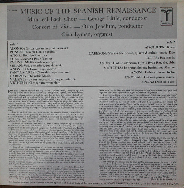 Montreal Bach Choir, George Little, Consort Of Viols, Otto Joachim, Gian Lyman : Music Of The Spanish Renaissance At The Court Of Emperor Charles The Fifth (LP, Album)