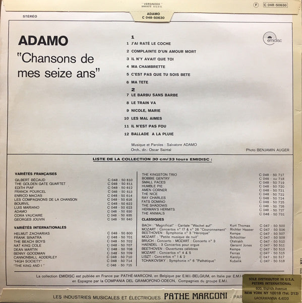 Adamo : Chansons De Mes Seize Ans (LP, Album)