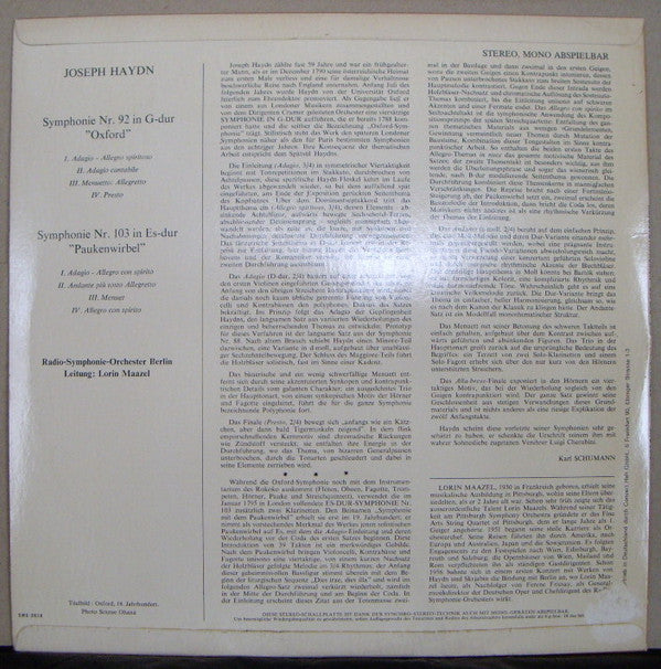Joseph Haydn, Radio-Symphonie-Orchester Berlin, Lorin Maazel : Symphonie Nr. 92 In G-dur Oxford / Symphonie Nr. 103 In Es-dur Paukenwirbel (LP)