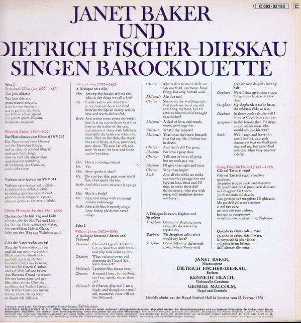 Janet Baker Und Dietrich Fischer-Dieskau : Singen Barockduette Live-Mitschnitt Aus Der Royal Festival Hall In London (LP)