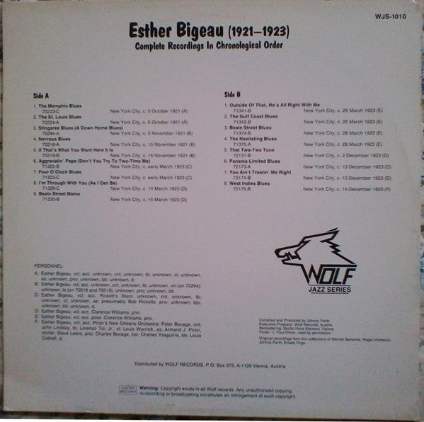 Esther Bigeou : Esther Bigeau (1921-1923) - Complete Recordings In Chronological Order (LP, Comp, Mono)