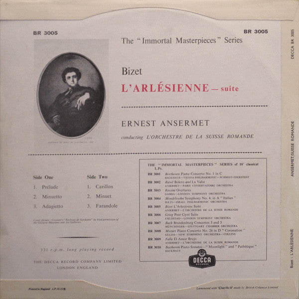 Georges Bizet - Ernest Ansermet, L'Orchestre De La Suisse Romande : L'Arlésienne - Suite (10", Mono, RE)