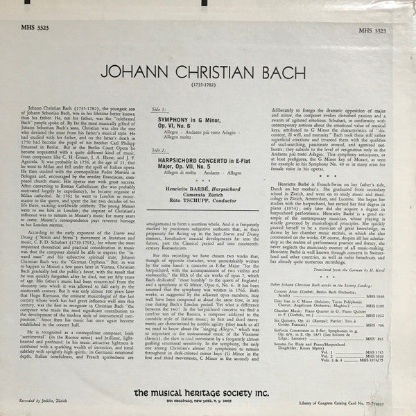 Johann Christian Bach, Henriette Barbé, Camerata Zürich, Räto Tschupp : Symphony In G Minor, Op. VI, No. 6 / Harpsichord Concerto In E-Flat Major, Op. VII, No. 5 (LP)