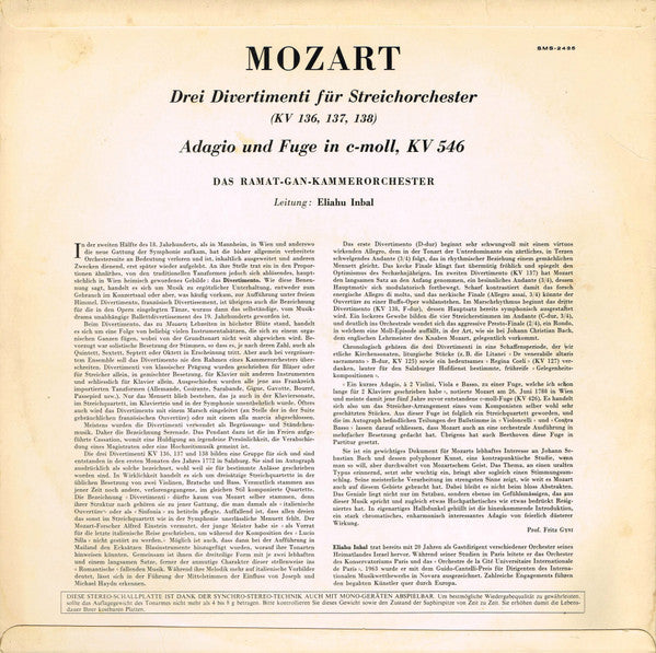 Wolfgang Amadeus Mozart, The Ramat-Gan Chamber Orchestra , Leitung: Eliahu Inbal : Drei Divertimenti Für Streichorchester (K. 136, 137, 138) · Adagio & Fuge In C-moll, KV. 546 (LP)