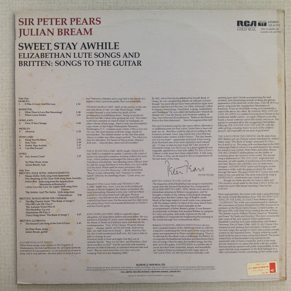 Peter Pears, Julian Bream : Sweet, Stay Awhile - Elizabethan Lute Songs And Britten: Songs To The Guitar  (LP, Comp, RE)