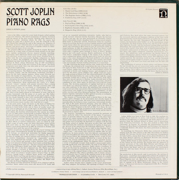 Scott Joplin, Joshua Rifkin : Piano Rags (LP, Album, RE)