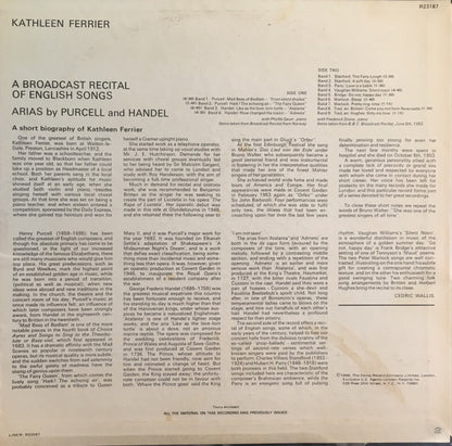 Henry Purcell, Georg Friedrich Händel - Kathleen Ferrier : A Broadcast Recital Of English Songs And Arias By Purcell And Handel (LP, Album, Mono)