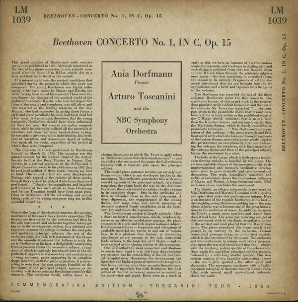 Ludwig van Beethoven / Arturo Toscanini : Concerto No. 1 in C, Op. 15 For Piano And Orchestra (LP, Album, Mono, Com)