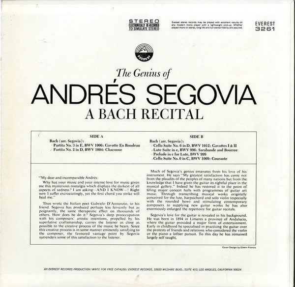 Andrés Segovia : The Genius Of Andrés Segovia - A Bach Recital (LP, Album)