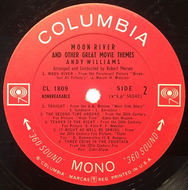 Andy Williams : Moon River And Other Great Movie Themes (LP, Album, Mono, RE)