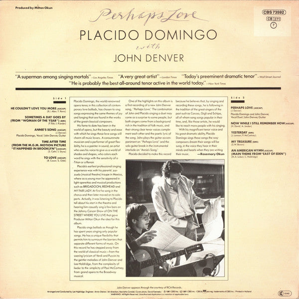 Placido Domingo With John Denver : Perhaps Love (LP, Album)