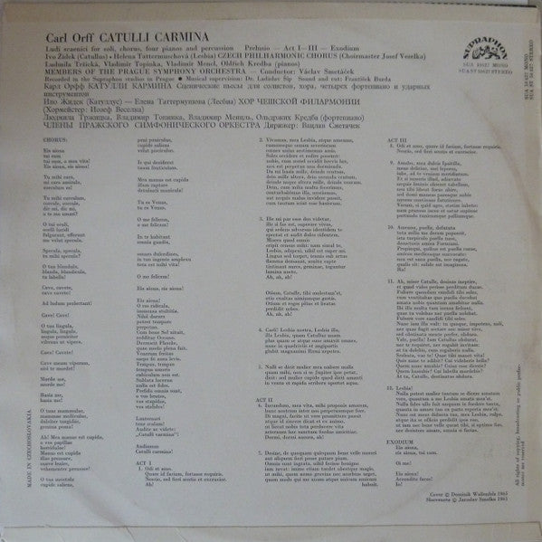 Carl Orff, Ivo Žídek, Helena Tattermuschová, Czech Philharmonic Chorus , And The Prague Symphony Orchestra Conducted By Václav Smetáček : Carl Orff - Catulli Carmina (LP)