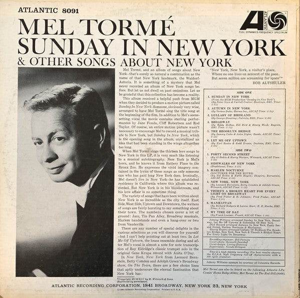 Mel Tormé : Sunday In New York (LP, Album, Mono)