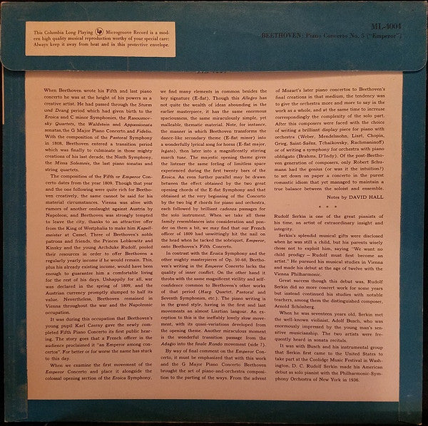 Ludwig van Beethoven - Rudolf Serkin , Piano Bruno Walter Conducting The The New York Philharmonic Orchestra : Concerto No. 5 In E Flat Major, Op. 73 "Emperor" (LP, Mono)