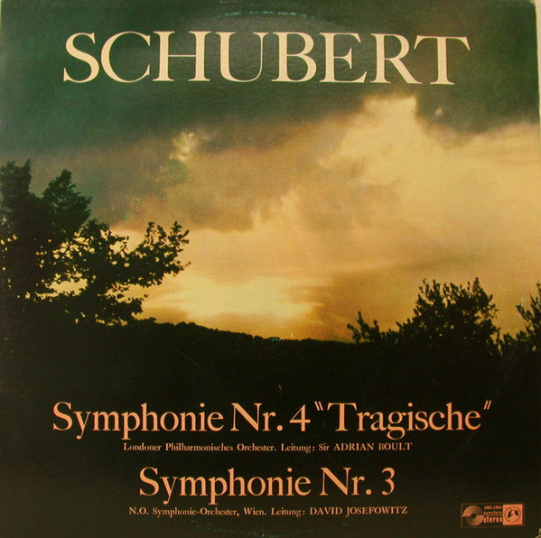 Franz Schubert / The London Philharmonic Orchestra . Leitung: Sir Adrian Boult / Tonkünstler Orchestra . Leitung: David Josefowitz : Symphonie Nr. 4 "Tragische" / Symphonie Nr. 33 & 4 (LP, Album)