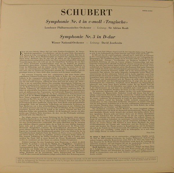 Franz Schubert / The London Philharmonic Orchestra . Leitung: Sir Adrian Boult / Tonkünstler Orchestra . Leitung: David Josefowitz : Symphonie Nr. 4 "Tragische" / Symphonie Nr. 33 & 4 (LP, Album)