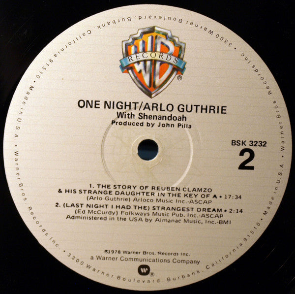 Arlo Guthrie With Shenandoah (2) : One Night (LP, Album, Los)