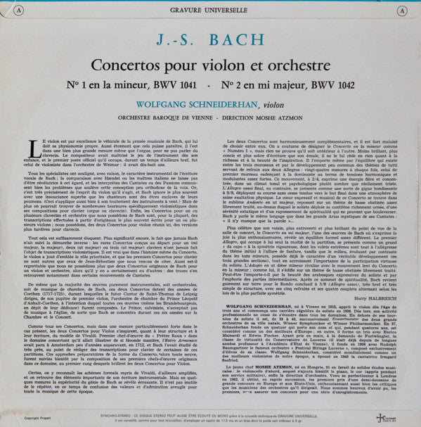 Johann Sebastian Bach, Wolfgang Schneiderhan, The Vienna Baroque Orchestra : Concertos Pour Violon Et Orchestre No 1 Et No 2 (LP)