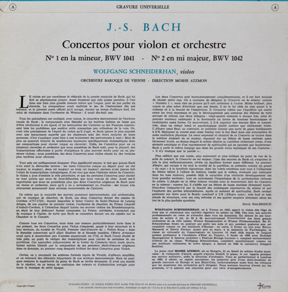 Johann Sebastian Bach, Wolfgang Schneiderhan, The Vienna Baroque Orchestra : Concertos Pour Violon Et Orchestre No 1 Et No 2 (LP)