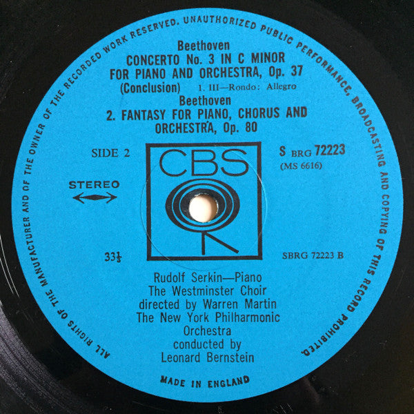 Ludwig van Beethoven - Rudolf Serkin, Westminster Symphonic Choir, The New York Philharmonic Orchestra, Leonard Bernstein : Third Piano Concerto / Choral Fantasy (LP)