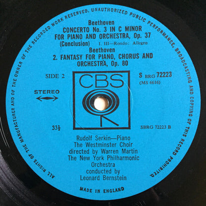 Ludwig van Beethoven - Rudolf Serkin, Westminster Symphonic Choir, The New York Philharmonic Orchestra, Leonard Bernstein : Third Piano Concerto / Choral Fantasy (LP)