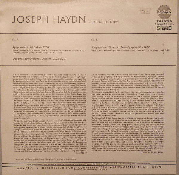 Joseph Haydn, The Esterhazy Orchestra, David Blum (2) : Symphonie Nr. 70 D-dur / Symphonie Nr. 59 A-dur ("Feuer-Symphonie") (LP)