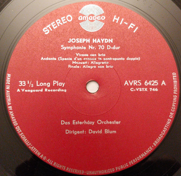 Joseph Haydn, The Esterhazy Orchestra, David Blum (2) : Symphonie Nr. 70 D-dur / Symphonie Nr. 59 A-dur ("Feuer-Symphonie") (LP)