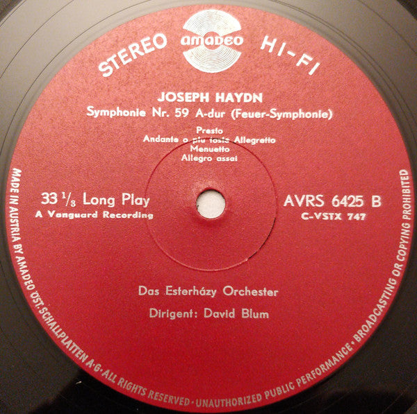 Joseph Haydn, The Esterhazy Orchestra, David Blum (2) : Symphonie Nr. 70 D-dur / Symphonie Nr. 59 A-dur ("Feuer-Symphonie") (LP)