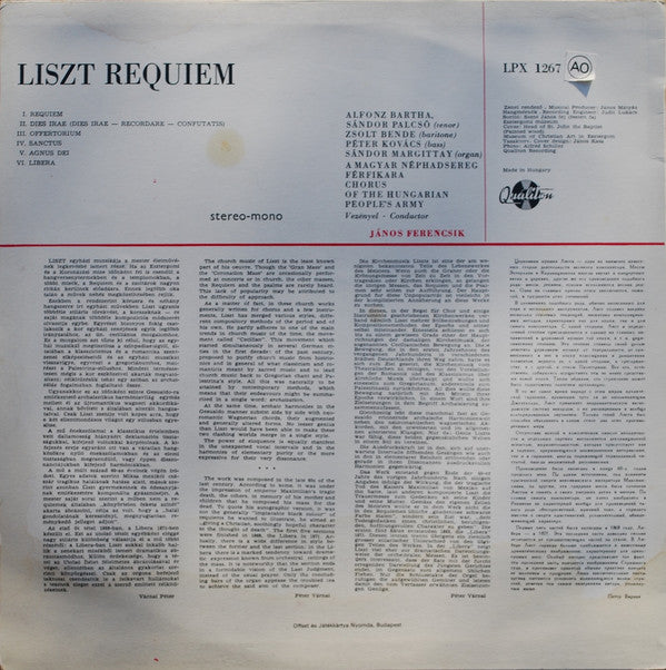 Franz Liszt - Male Chorus Of The Hungarian Peoples Army , Conducted By János Ferencsik : Requiem (LP)