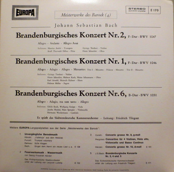 Johann Sebastian Bach, Ulrich Koch, György Terebesi, Maurice André, Friedrich Tilegant, Südwestdeutsches Kammerorchester : Brandenburgische Konzerte 1, 2, 6 (LP)