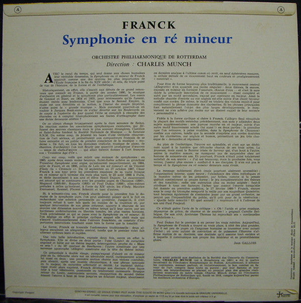 César Franck — Rotterdams Philharmonisch Orkest - Charles Munch : Symphonie En Ré Mineur = Symphonie In D-moll = Symphony In D Minor (LP)