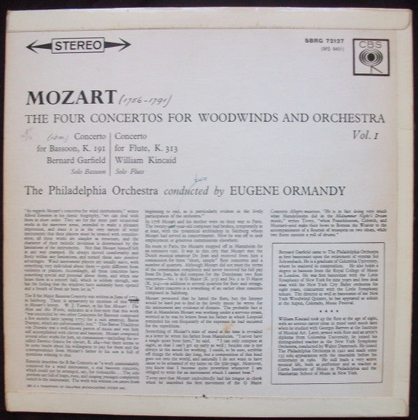 Wolfgang Amadeus Mozart - The Philadelphia Orchestra, Eugene Ormandy : The Four Concertos For Woodwinds And Orchestra Vol. 1 (Concerto For Bassoon, K.191 / Concerto For Flute, K.313) (LP)