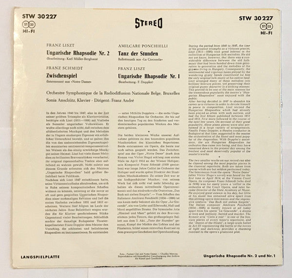 Orchestre Symphonique De La Radiodiffusion Nationale Belge, Bruxelles, Sonia Anschutz, Franz André : Ungarische Rhapsodie Nr.2 Und Nr.1 (10", Album)