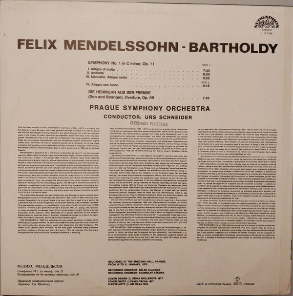 Felix Mendelssohn-Bartholdy, The Prague Symphony Orchestra, Urs Schneider : Symphony No.1 In C Minor - Heimer Aus Der Fremde Overture (LP, RE)