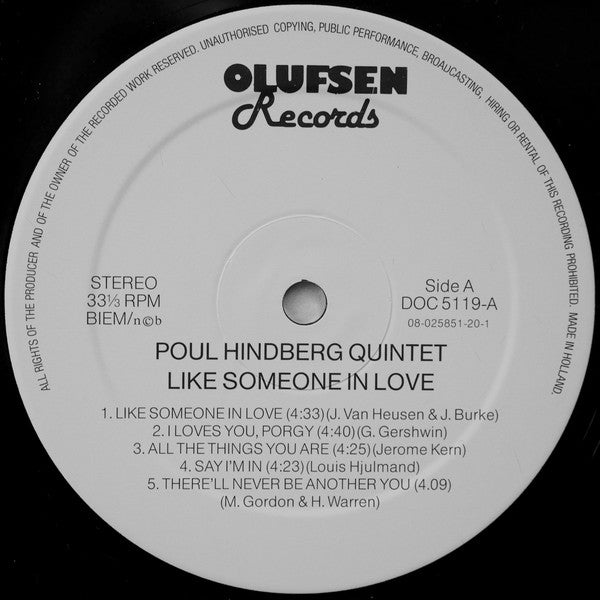 Poul Hindberg Quintet : Like Someone In Love (LP, Album)