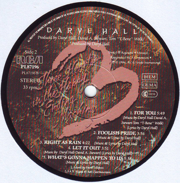 Daryl Hall : Three Hearts In The Happy Ending Machine (LP, Album)