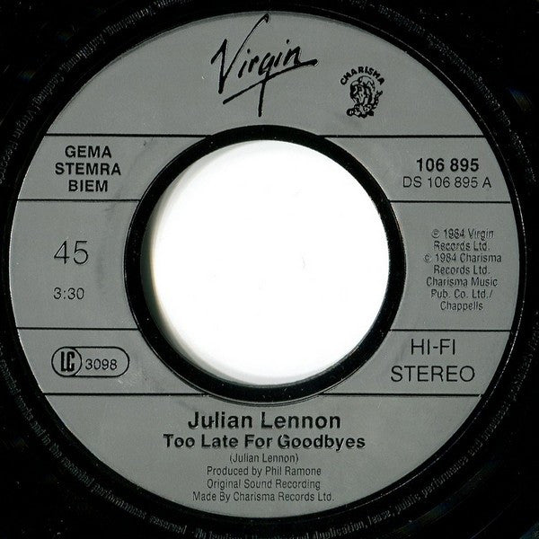 Julian Lennon : Too Late For Goodbyes (7", Single)