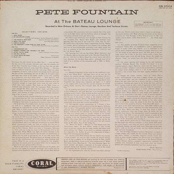 Pete Fountain : Pete Fountain At The Bateau Lounge (LP, Album, Mono, Pin)