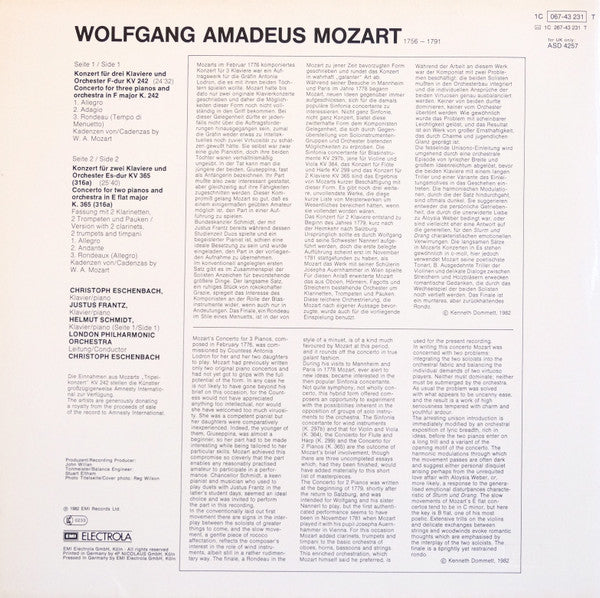 Wolfgang Amadeus Mozart - Christoph Eschenbach, Justus Frantz, Helmut Schmidt, The London Philharmonic Orchestra : Konzerte Für Zwei & Drei Klaviere (LP)