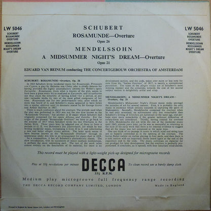 Franz Schubert, Felix Mendelssohn-Bartholdy : Rosamunde / A Midsummer Night's Dream (10", ffr)