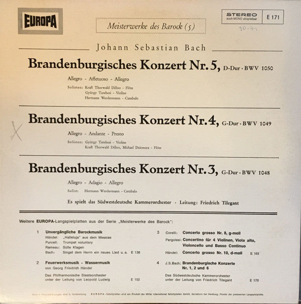 Johann Sebastian Bach / Südwestdeutsches Kammerorchester - Friedrich Tilegant Mit Kraft-Thorwald Dilloo, György Terebesi, Hermann Werdermann : Brandenburgische Konzerte Nr.3, 4, 5 (LP)