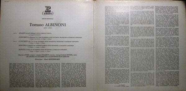 Tomaso Albinoni / Maurice André - Jacques Chambon - Georg Friedrich Hendel - Kammerorchester Des Saarländischen Rundfunks, Saarbrücken Direction Karl Ristenpart : Célèbre Adagio - Concertos & Sinfonies Pour Trompette, Hautbois & Cordes (LP, RE, Gat)