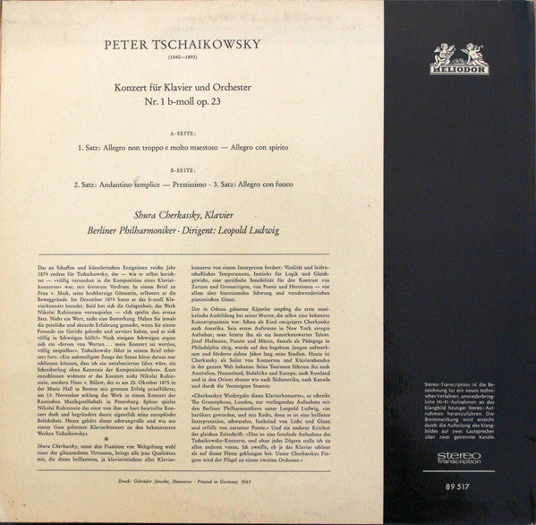 Pyotr Ilyich Tchaikovsky, Shura Cherkassky, Berliner Philharmoniker , Dirigent: Leopold Ludwig : Konzert Für Klavier Und Orchester Nr. 1 B-Moll Op. 23 (LP, bla)