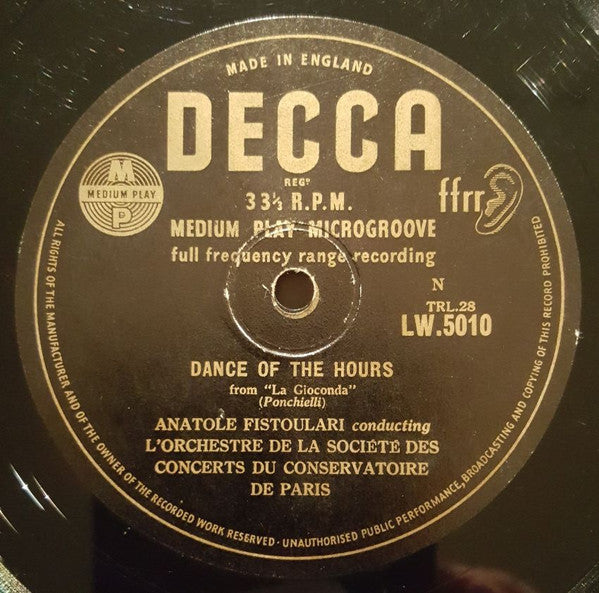 Anatole Fistoulari Conducting Orchestre De La Société Des Concerts Du Conservatoire : "Mignon" Overture - "La Gioconda" Dance Of The Hours (10", Mono)