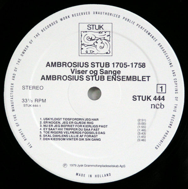 Ambrosius Stub Ensemblet : Ambrosius Stub 1705-1758 Viser Og Sange (LP, Album)