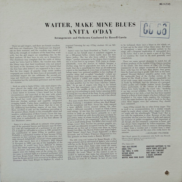 Anita O'Day : Waiter, Make Mine Blues (LP, Album, Mono)