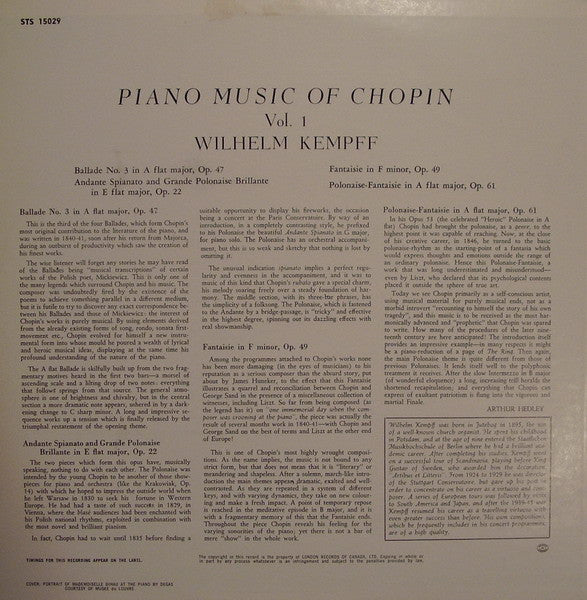 Frédéric Chopin / Wilhelm Kempff : Piano Music Of Chopin Vol. I (LP, RE)