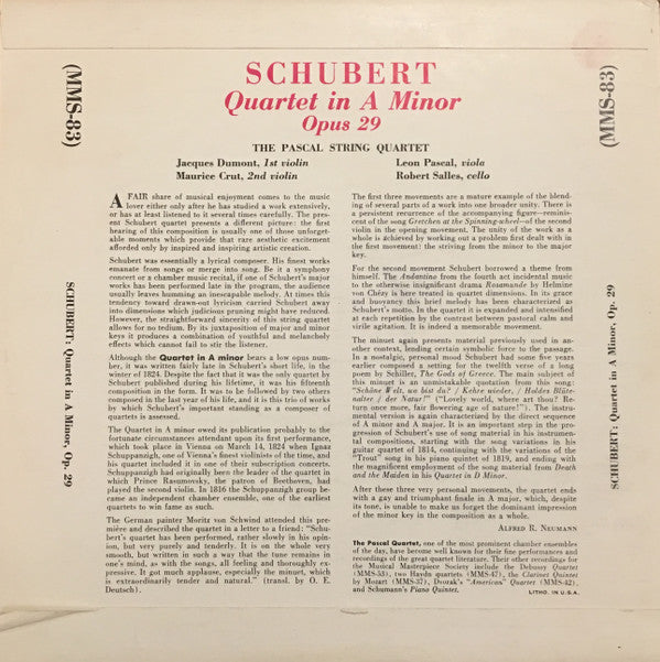 Franz Schubert - Quatuor Pascal : Quartet In A Minor Opus 29 (10", Mono)